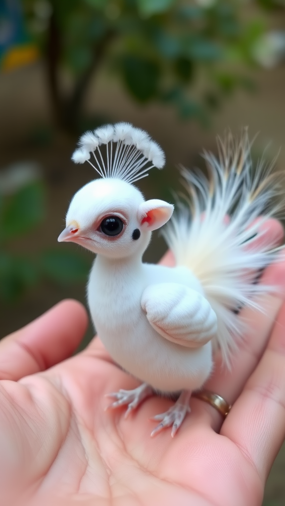 A small tiny cute chubby big eyes big perfect tail real white dancing peacock with tail on hand