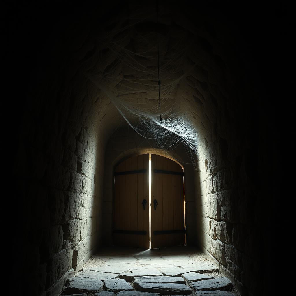 highly detailed realistic 35mm fantasy movie still photograph of The corridor is of plain stone, roughly worked, and it is dark and full of cobwebs. The roof 20' overhead is obscured by these hanging strands, so casual observation will not reveal that it is composed of badly fitting stones. Daylight will be sufficient to reveal that there is a pair of oaken doors at the end of the passageway. If the roof is prodded with any force, or if the doors are opened, the roof of the tunnel will collapse and inflict damage upon each adventurer inside of it. The doors open outwards by great iron ring pulls. The cobwebs must be burned away to be able to inspect the tunnel ceiling,