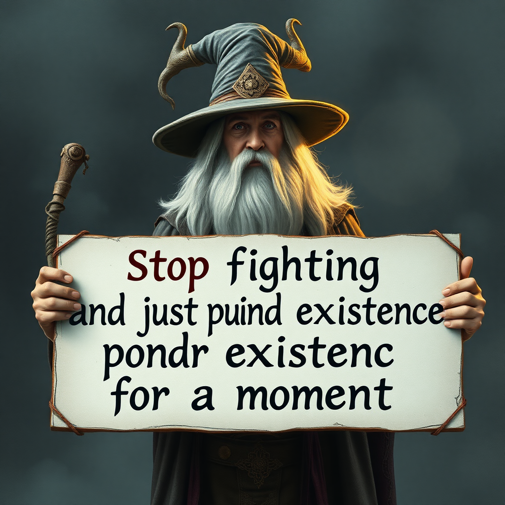 a godly wizard holding a sign that says "stop fighting and just ponder existence for a moment"