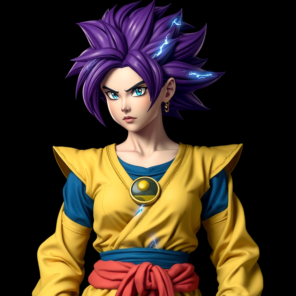 A female Super Saiyan Sacred clothing. Hand-made style. There is blue lightning in the hair.