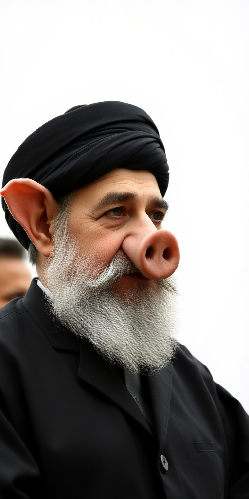 Ayatollah Khomeini with pig nose, pig ears.