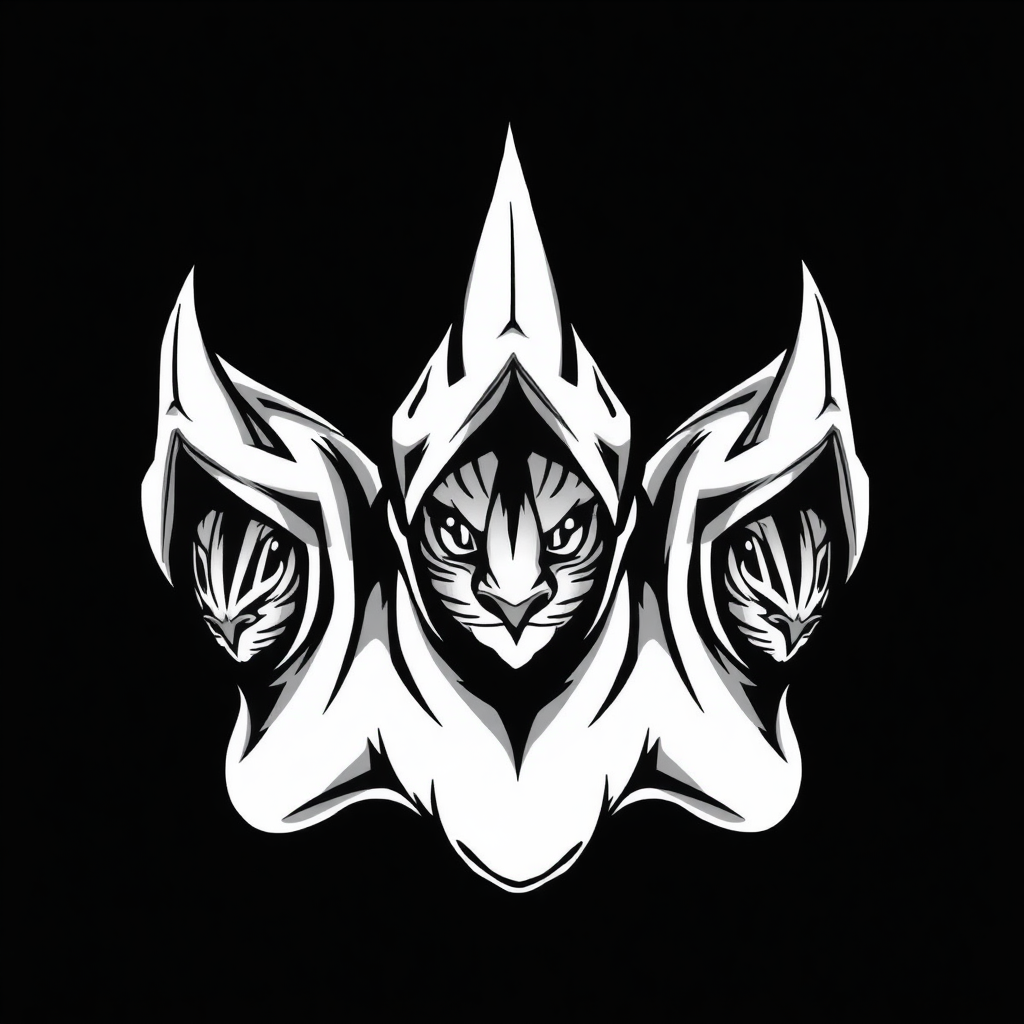 Create an anime-style illustration featuring a stylized claw with lion eyes. The image shows a claw with three sharp points, each possessing an eye drawn in the center. The eyes have an intense gaze and are surrounded by details that emphasize their dramatic shapes. Use a monochromatic color scheme to enhance the drama of the illustration, ensuring that both the claws and the eyes are prominent in the design. This artwork should embody strength and intensity, suitable for branding or logo use, and it appears to be part of a design for fabric, possibly for a t-shirt or a uniform.