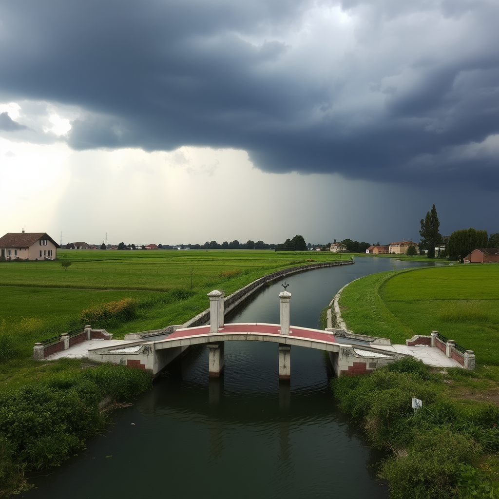 very cloudy black sky, threatening rain, in the Venetian countryside, with a small bridge with 2 pillars over the canal.