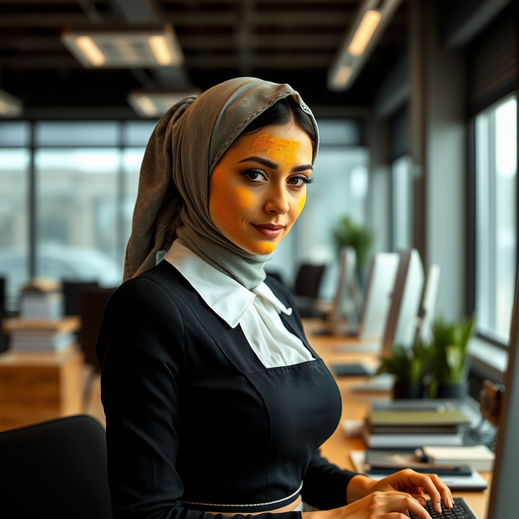 slim, modern, french maid, scarf head, turmeric paste on face, working in office