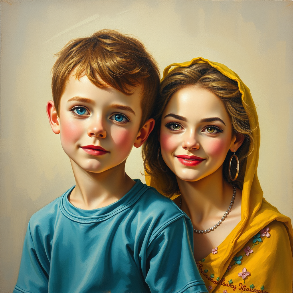 A beautiful painting of a boy and woman.