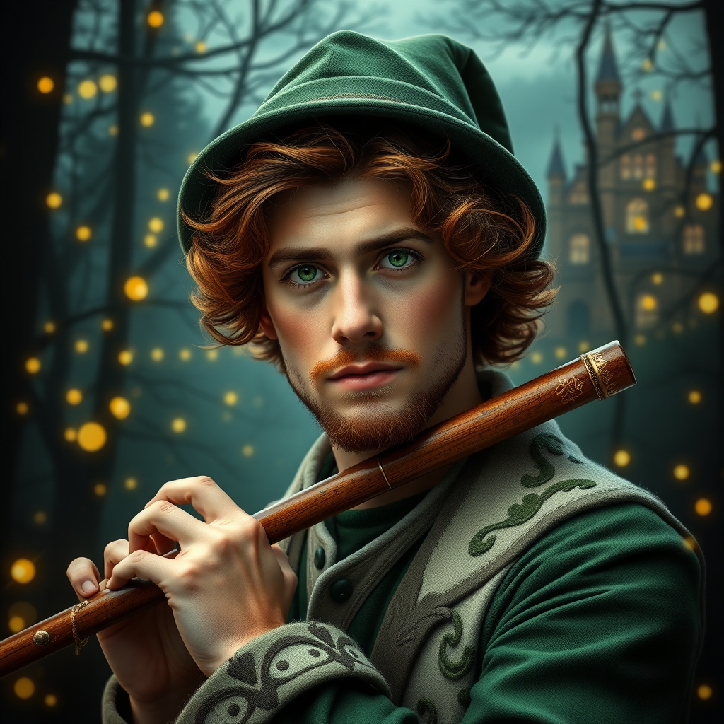 Create a realistic and detailed style image of a 25-year-old white man. His eyes are green in color. His hair is slightly wavy and bold in a coppery brown tone, with a Robin wood style hat. He has masculine features and his countenance is strong. He wears a moss green and white flutist-style outfit. He has a beard and mustache. It's in the middle of a dark forest, lit by fireflies that glow softly. In the background, a city with fantastic architecture, giving a magical touch to the scene. The image must be realistic style, capturing every detail with precision and 8k quality. Looks like a photograph." Extremely realistic. 25 years old. Beautiful. Beautiful. Extremely realistic. Beautiful appearance.