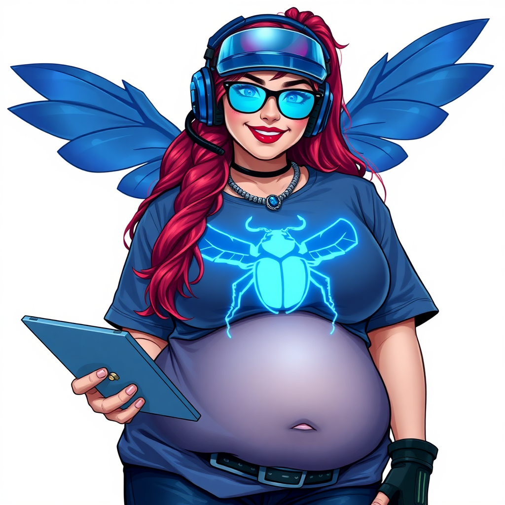 A cyberpunk vigilante’s full-figured intelligent and tech-savvy 29-year-old girlfriend, who is a computer hacker and tech genius. She has a long ruby red ponytail and bright blue eyes. She wears a sapphire beetle gemstone necklace, and an oversized Maximum Blue (RGB 71, 171, 204) t-shirt featuring a giant neon blue glowing icon of a winged beetle on its chest. She has a full-figured physique with a prominent, gargantuan, round midsection, reflecting her well-cared-for lifestyle. The midsection is heavily emphasized. She sports a sapphire headset with hi-tech Maximum Blue (RGB 71, 171, 204) lensed HUD visor, Maximum Blue (RGB 71, 171, 204) lipstick, black eyeglasses, and a beaming smile with a passionate bright red blush. Despite her figure and a lack of self-esteem, she radiates an air of beauty. She has an angular face which contributes to her radiant beauty. She serves as his tech expert from his hideout, holding a holographic tablet and a hi-tech tool wrench. The background is solid white. She is drawn as if she was in a retro 2D cyberpunk fighting game. Make sure her shirt covers her round midsection.