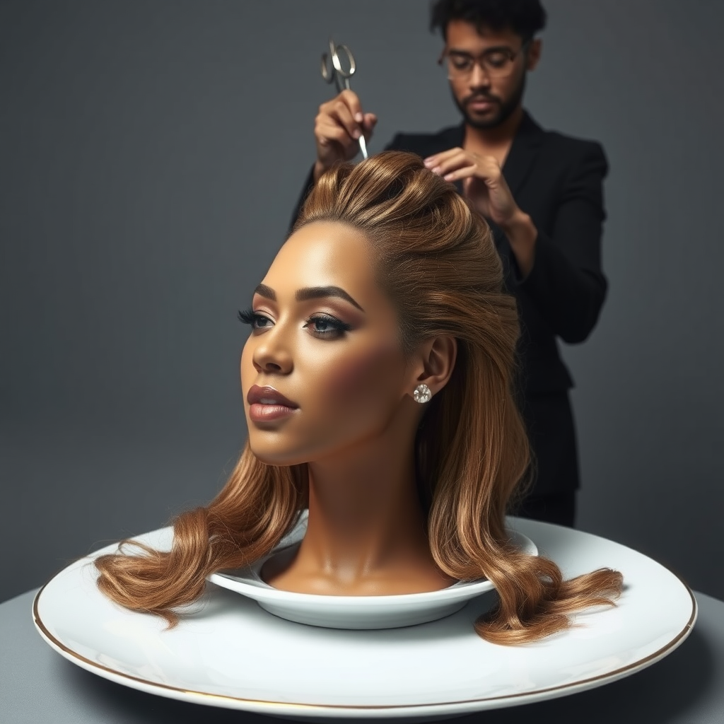 In a surreal and provocative scene, a beautifully tethered, disembodied head of Beyoncé rests gracefully on an elegant porcelain plate, her long, luxurious hair cascading like a waterfall of silky strands around the edges, creating a striking contrast against the stark, muted gray background. The sheen of her skin glows softly, exuding an air of ethereal beauty, while her chin rests delicately on the plate, poised and serene. Behind her, a skilled hairdresser, clad in chic black attire, stands with a focused expression, gently teasing and arranging her magnificent hair with nimble fingers, creating intricate patterns that defy gravity. The atmosphere is oddly intimate yet surreal, blending an appreciation of beauty with an unsettling twist, as soft light casts subtle shadows, enhancing the textures of both hair and porcelain. The air is filled with a quiet stillness, broken only by the subtle sound of the hairdresser’s scissors snipping rhythmically and the faint fragrance of hair products mingling with the cool air, heightening the unusual but captivating atmosphere of the scene.