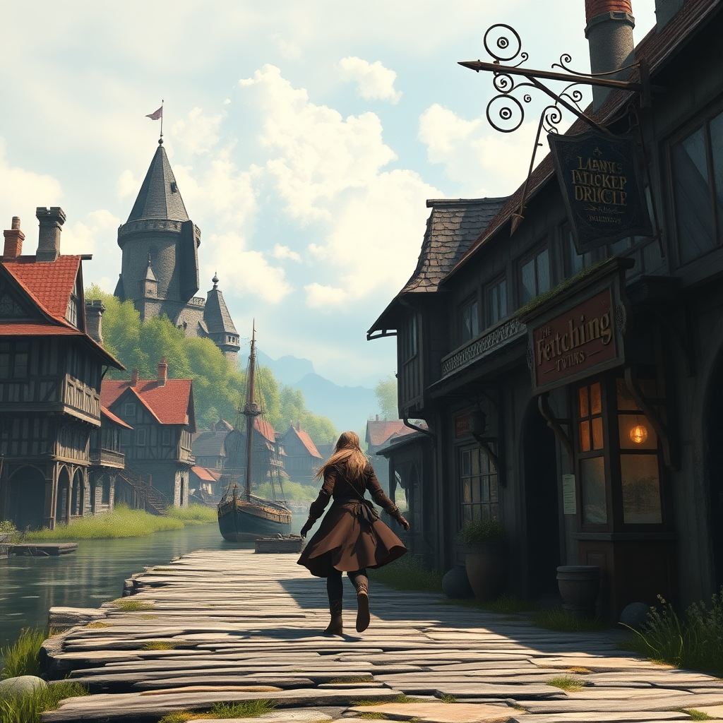 A wide distance shot of a female thief in a pastoral fantasy town. Mage tower in the background. She is fleeing from someone. Bar called "The Fetching Twins" sign (consisting of a silhouette of two women leaning together for a kiss). Village of Dryden, dock with a run down ship.