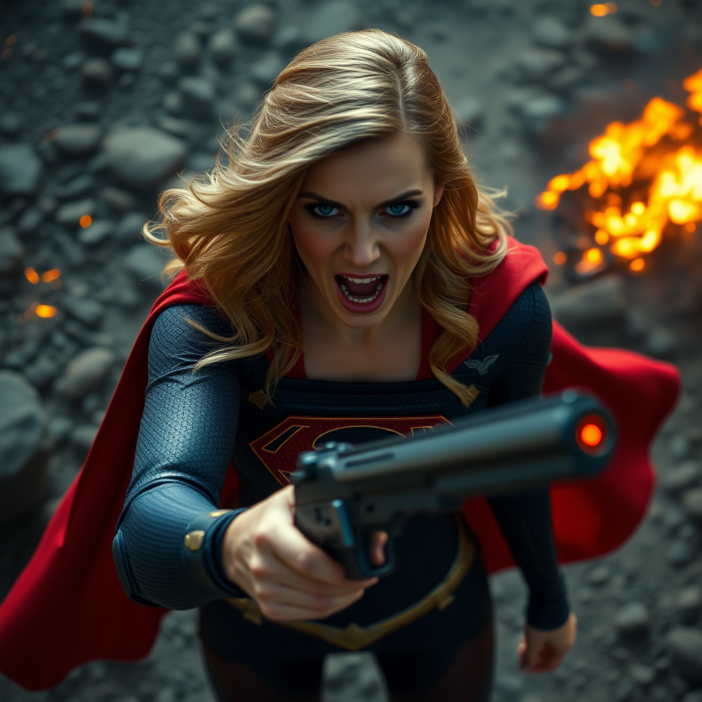 a snapshot from above supergirl zack snyder's, she's angry against the enemy in front of her, realistic, trailer shots, cinematic