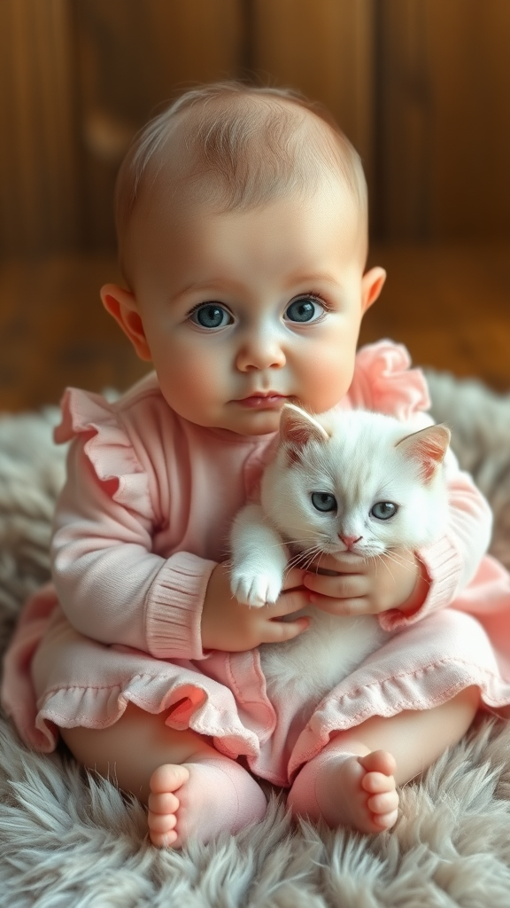 A cute small chubby fair baby big eyes pink lips pink cheeks wearing a light pink soft frock sitting a furry rug holding a white cute cat