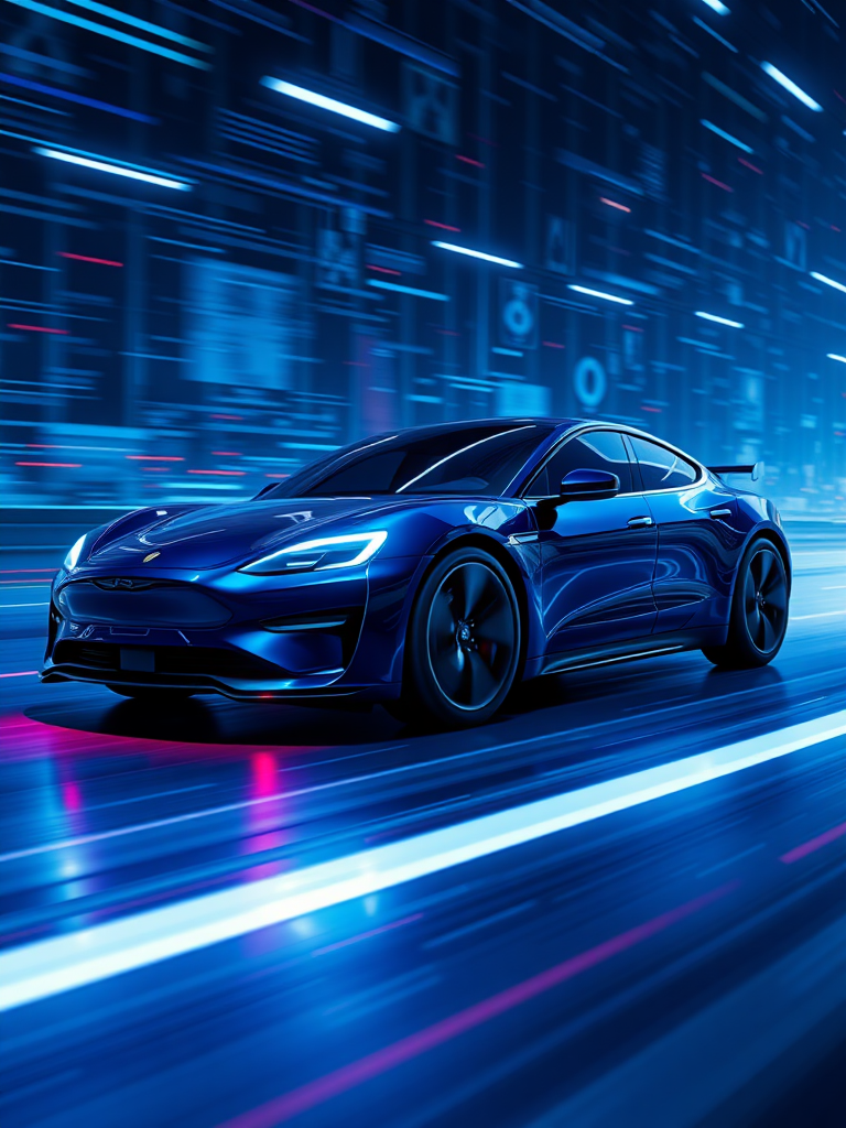 Make a realistic 3D rendering of an electric car racing in cyberspace. Make the background cyber-like and the electric sparks give off a sense of speed. Make the overall color dark blue.