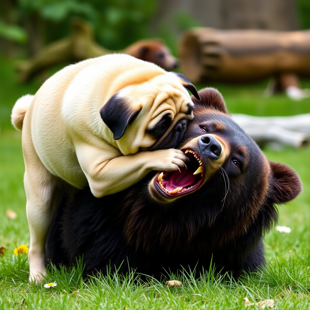 Pug getting mauled by a bear