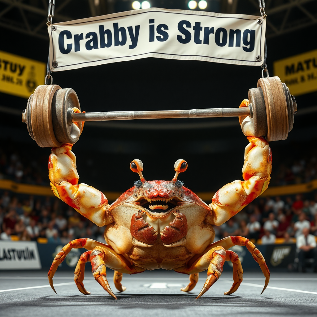 A crab dead lifting bar bell weights over his head with his claws in a sport arena with a banner overhead that says "Crabby is Strong"