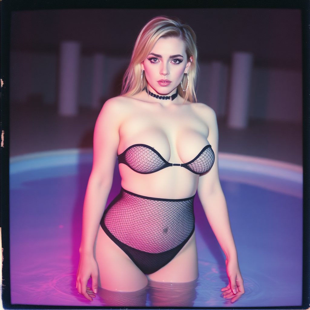 old polaroid photo with heavy vignetting and pink and blue artistic studio lighting color tint and light leak, depicting a sexy curvy thicc pale white alt goth girl with eye makeup, wearing a tiny revealing black see thru mesh bikini gstring thong with a small outline of her labia visible, standing in a pool