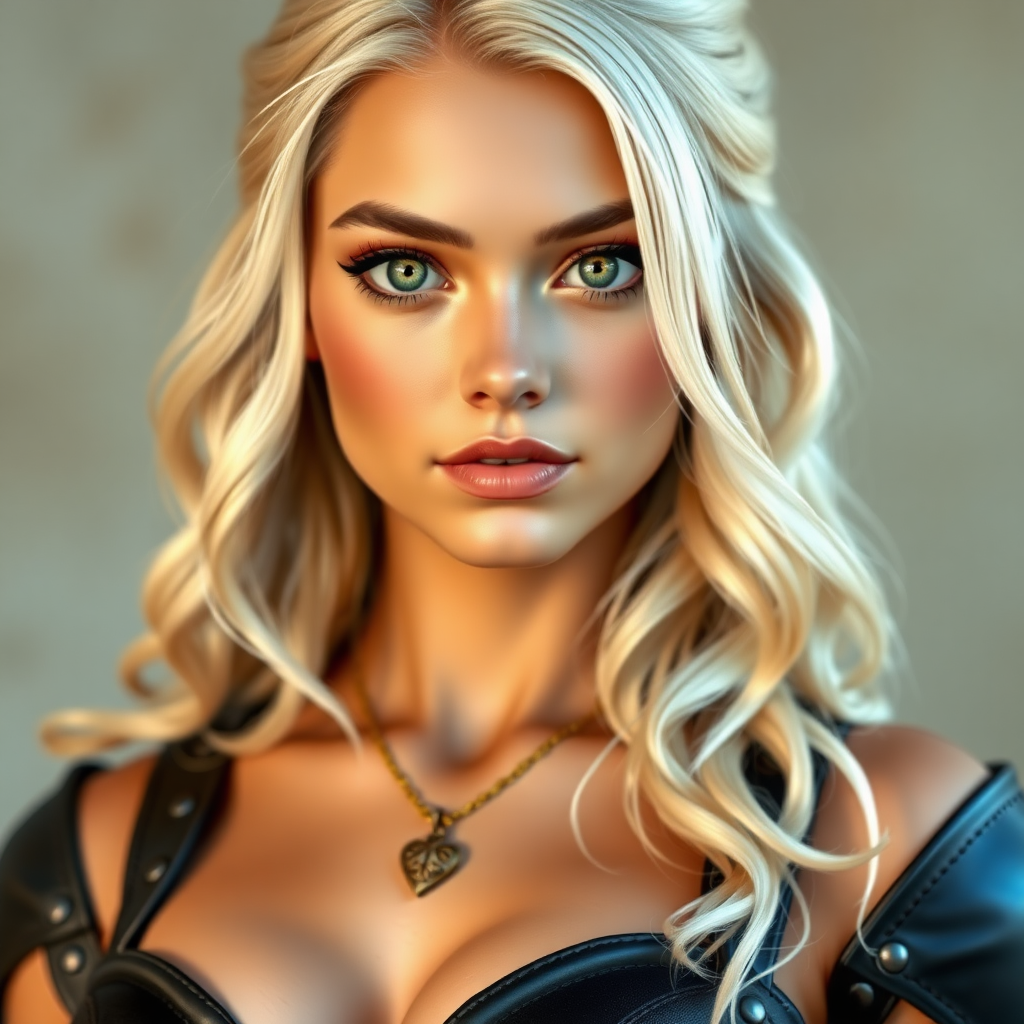 Portrait of a beautiful young woman with long wavy platinum blonde hair, green eyes, a suntan, large breasts, and light brown eyebrows. She is wearing black leather armor and a gold necklace with a small heart pendant.