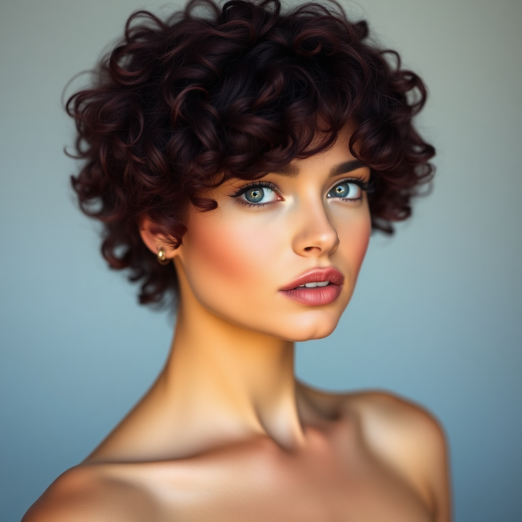 Beautiful model with curly, purple-red hair, oval face, gray eyes.