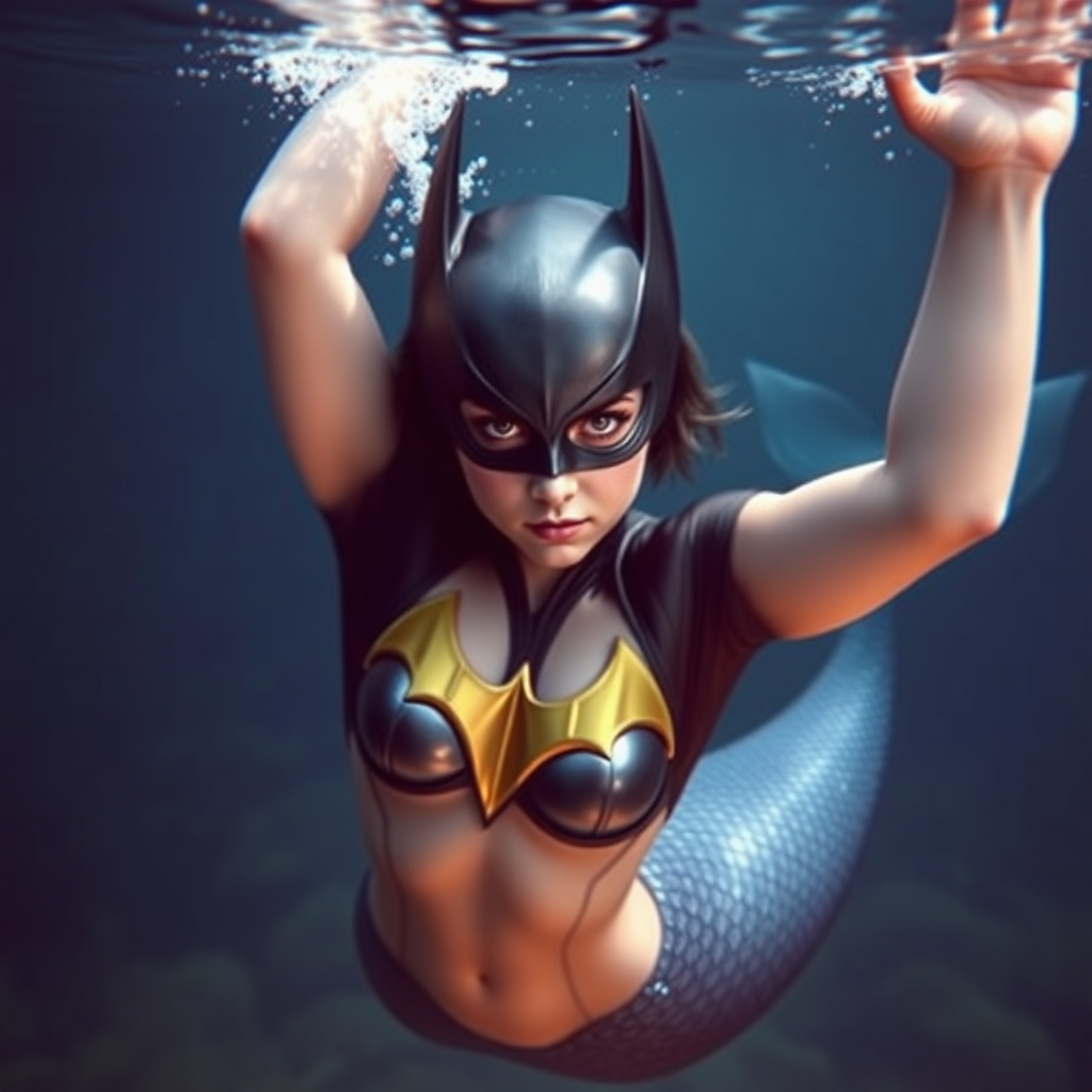 Batgirl as a mermaid. She's floating underwater with arms up. She's looking intensely at the viewer of the photo. The eye contact is palpable and mystical. Her short hair floats like a beautiful nimbus around her head and her shiny scaled tail is curled beside her. Gossamer Diaphanous. HD DSLR Photo