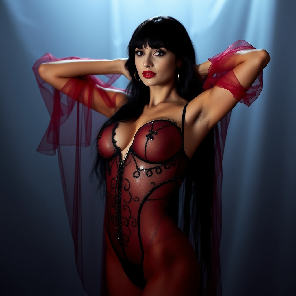 Real-life gorgeous Vampirella posing with her arms up and looking under her arm Translucent diaphanous transparent