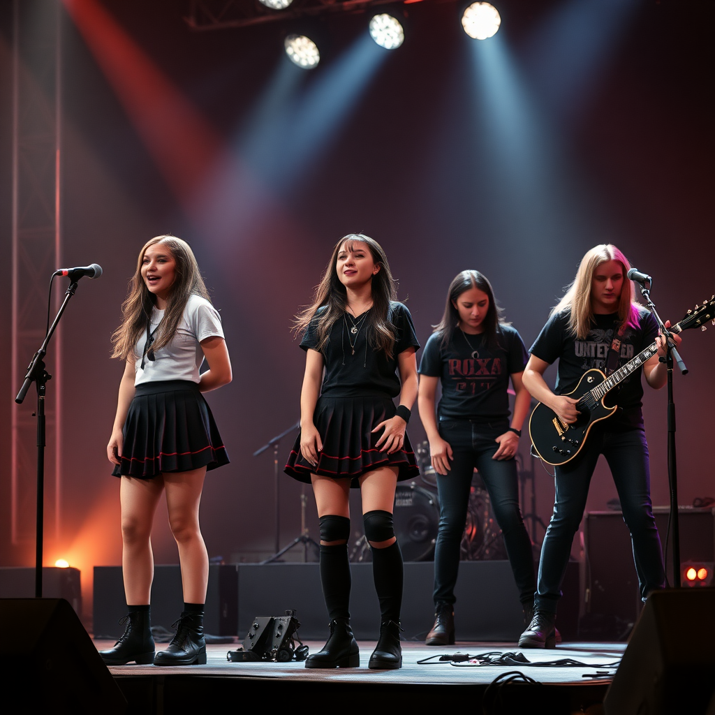 a girl band on stage in schoolgirl outfits - backing band all in black heavy metal type t-shirts and jeans