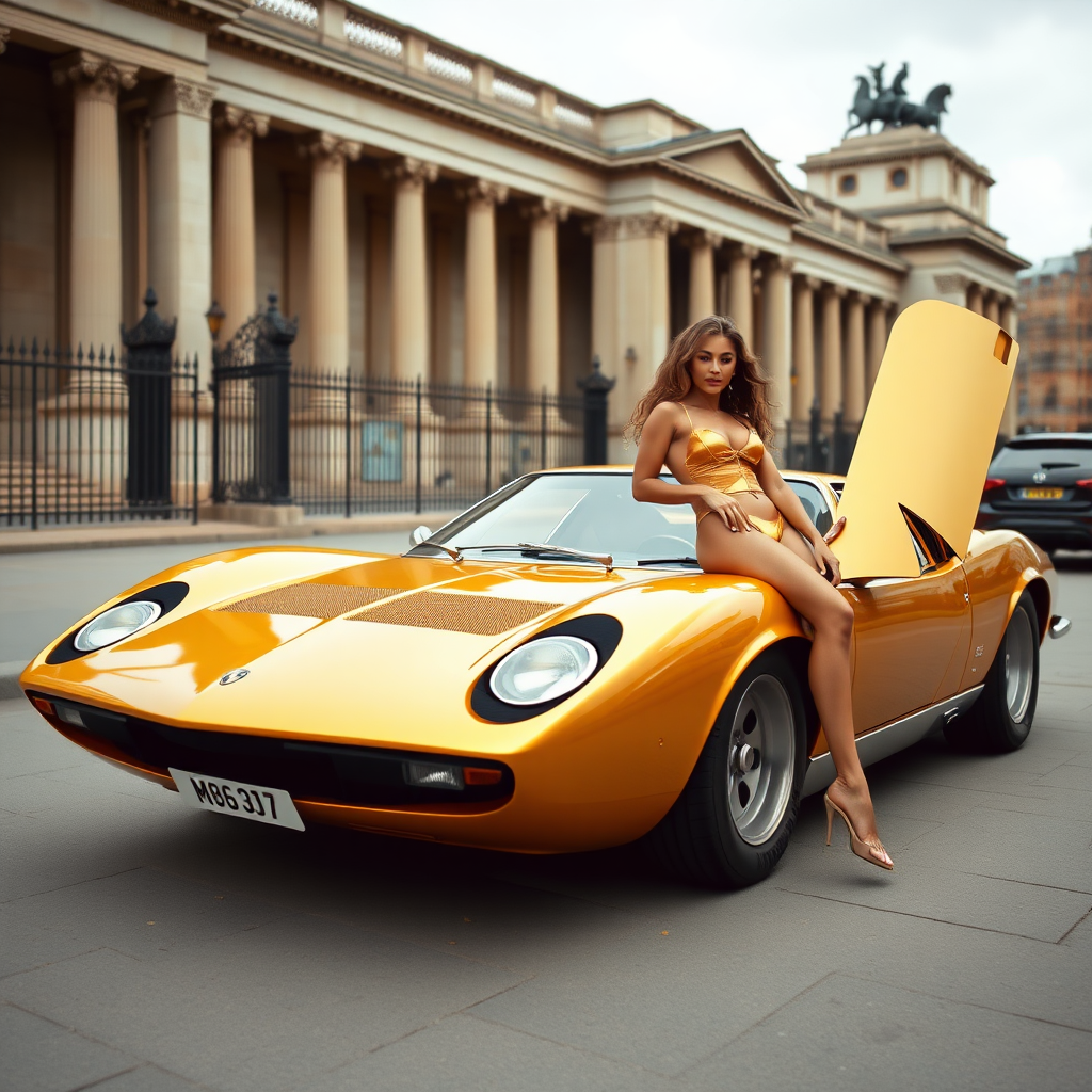 Lamborghini Miura in golden colour, parked in front of the British museum, with Beyonce in a one piece thong golden swimsuit leaning on the cars door on the right side