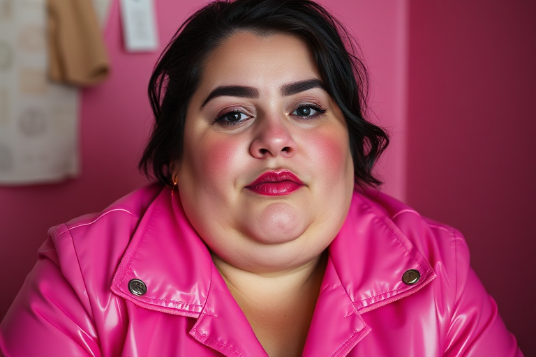 35 year old woman, fat face, pink pvc suit