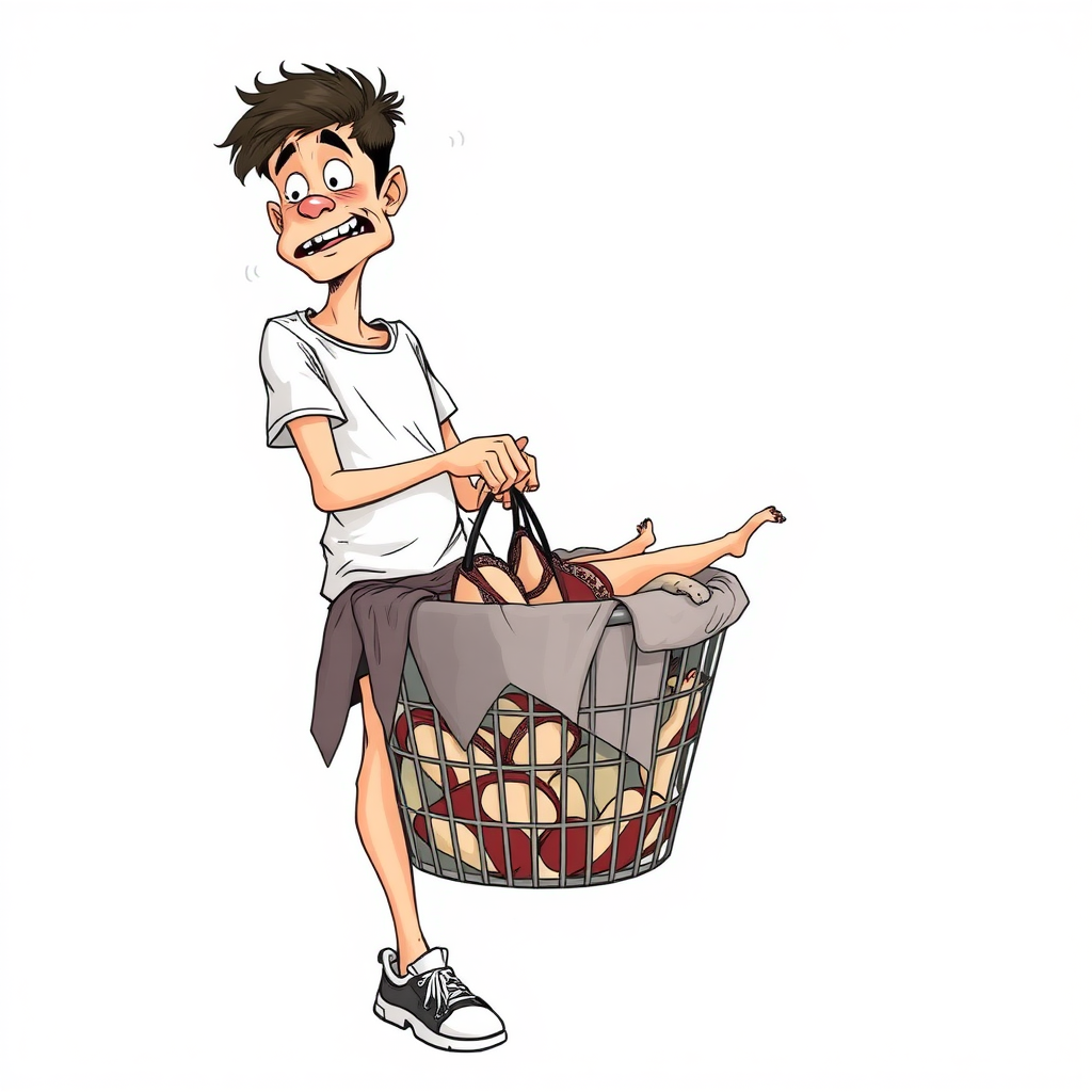 nervous short 20 year old european skinny man, short white t-shirt, standing, stunned, mesmerized, joyful, aroused, heavy drooling, heavy sweating, fumbling through a small dirty laundry basket piled up with sexy woman stained lingerie, detailed fabric, side view, sneakers, detailed feet, 2D, caricature, cartoon, Sketch lines, coloring book, coloring book,