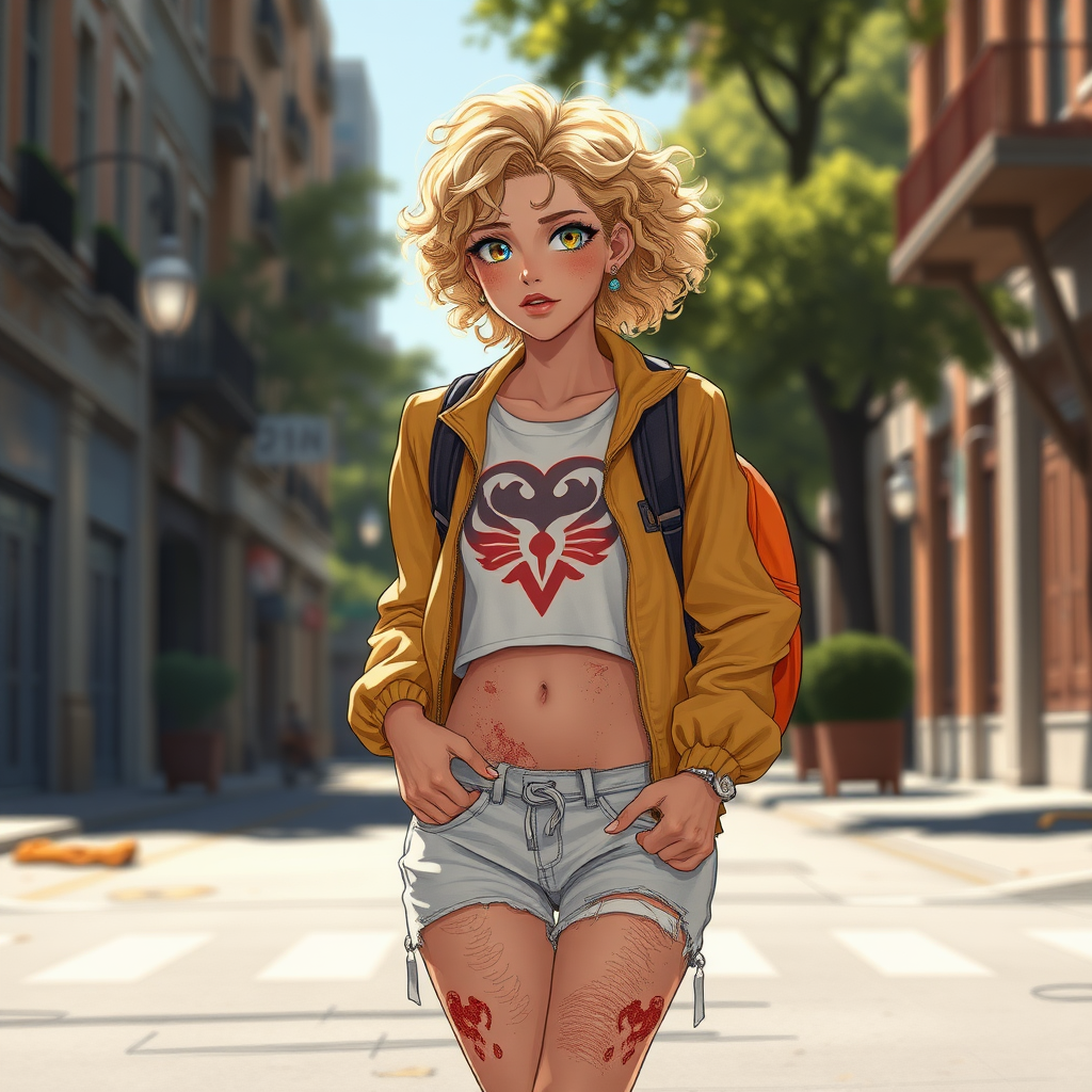 Realistic drawing style image, Extremely good quality 8k resolution drawn manga image of a 15 year old petite and short tomboy girl with golden blonde curly hair with mixed and different colored eyes for each eye and moles on her entire body and is a white American girl, Has on a Gold Jacket over a white extremely short crop top only covering her breasts and nothing more with a design on it, and has on ripped shorts and cool looking sneakers and a deep and big knife cut wound on her stomach from a huge injury she had, with a bright color backpack, ear piercings on, walking on the street to school in the morning with the beautiful sunlight lighting up her body beautifully with no tattoos.