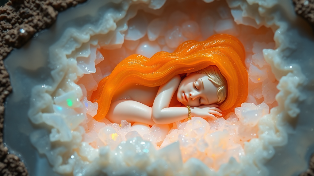 statue carved from opal of a 8 year old girl sleeping in a geode, high quality photo, intricate environment, ultra-detailed, impressionistic, dynamic composition, artistic photograph, geode, alabaster, fractal, brilliant colors, glittering, sunlight, illumination, transparency, translucent, opal