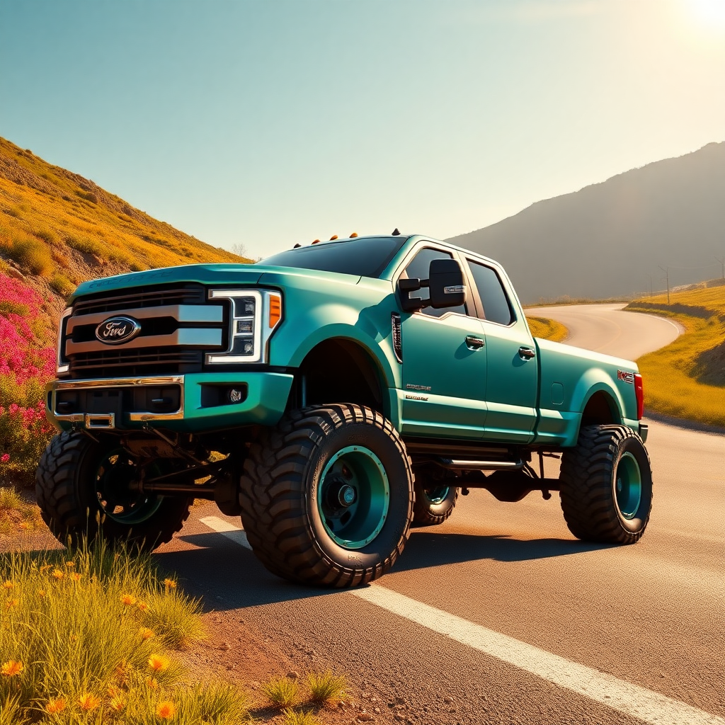 Alongside a sun-drenched, winding road flanked by vibrant wildflowers, a rugged restomod Ford 4x4 pickup truck stands proudly. Its matte turquoise paint gleams under the warm afternoon sun, reflecting hints of the surrounding landscape. The vehicle, reminiscent of Taiyō Matsumoto's distinctive art style, features smooth, flowing lines and a stylized light bar that glimmers like a beacon, hinting at adventures yet to come. The chunky tires, caked with remnants of previous off-road escapades, hint at a life lived on the edge of exploration. Sunlight dances across the polished chrome detailing, intensifying the gritty, powerful aesthetic of this monster truck. Nearby, patches of bright green grass sway gently in the warm breeze, and the faint sound of chirping crickets fills the air, creating a lively but relaxed atmosphere, as if the very environment reflects the spirit of freedom that this striking vehicle embodies. A hint of gasoline mingles with the scent of wildflowers, providing an olfactory reminder of the journey that has brought the truck to this tranquil roadside haven.