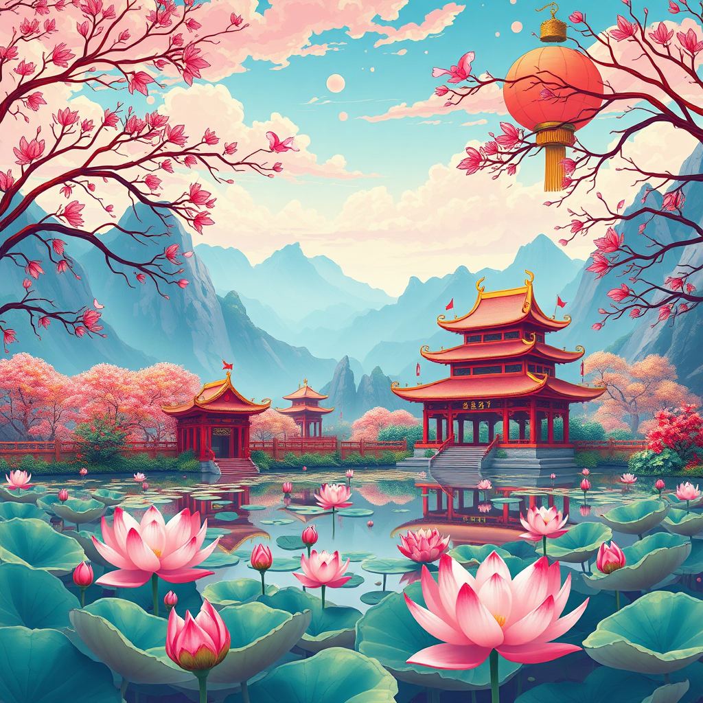 The Chinese people celebrate their National Day, Baoding of China, lotus pond, uses a psychedelic color scheme, ultra detailed, illustrations, light red and sky blue, fictional landscapes, psychedelic cartoons, mountain scenery, uhd images, illustration.