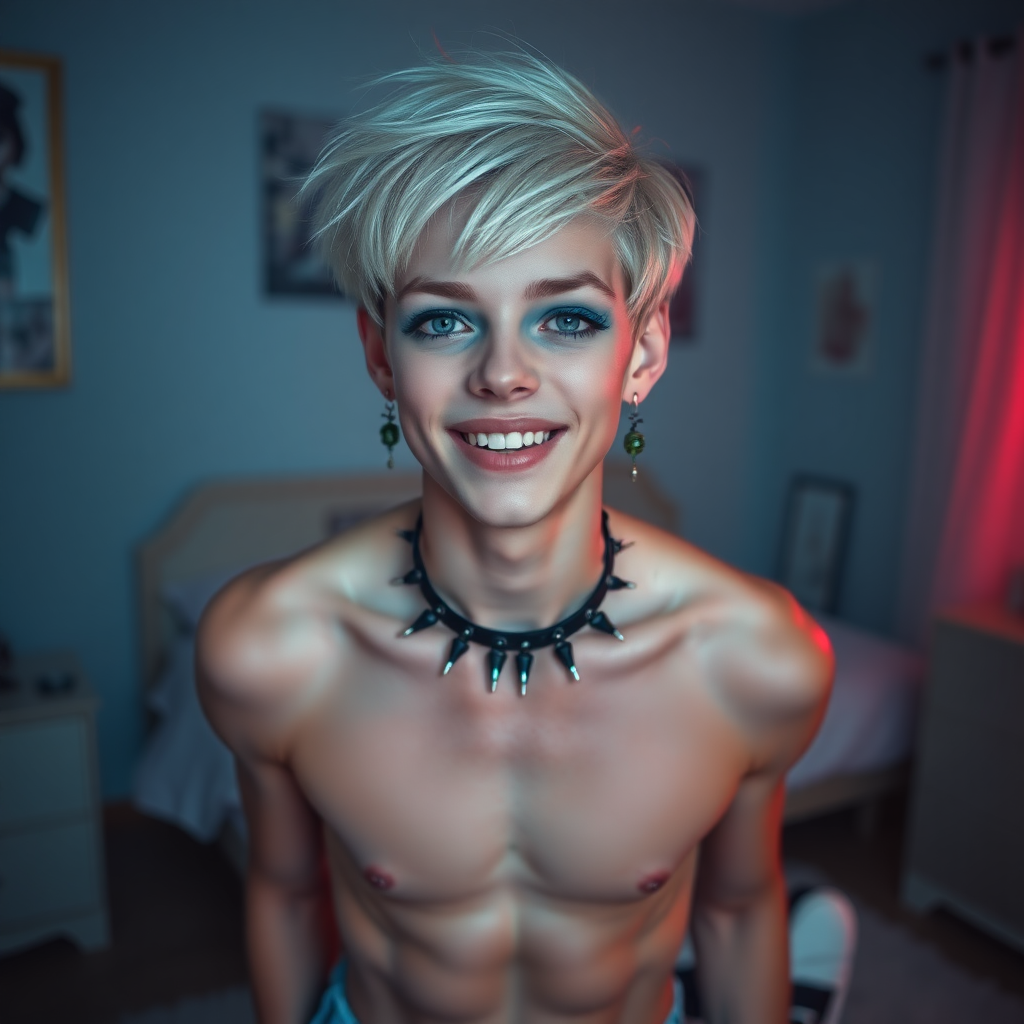 photorealistic, ultra high resolution, 16K, surreal fantasy, studio lighting, a pretty 14 year old goth male, slim male physique, short blonde hair, goth makeup, earrings, glossy blue pantyhose, white ballet shoes, spiky neck collar and leash, in the bedroom, excited smile, facing the camera.