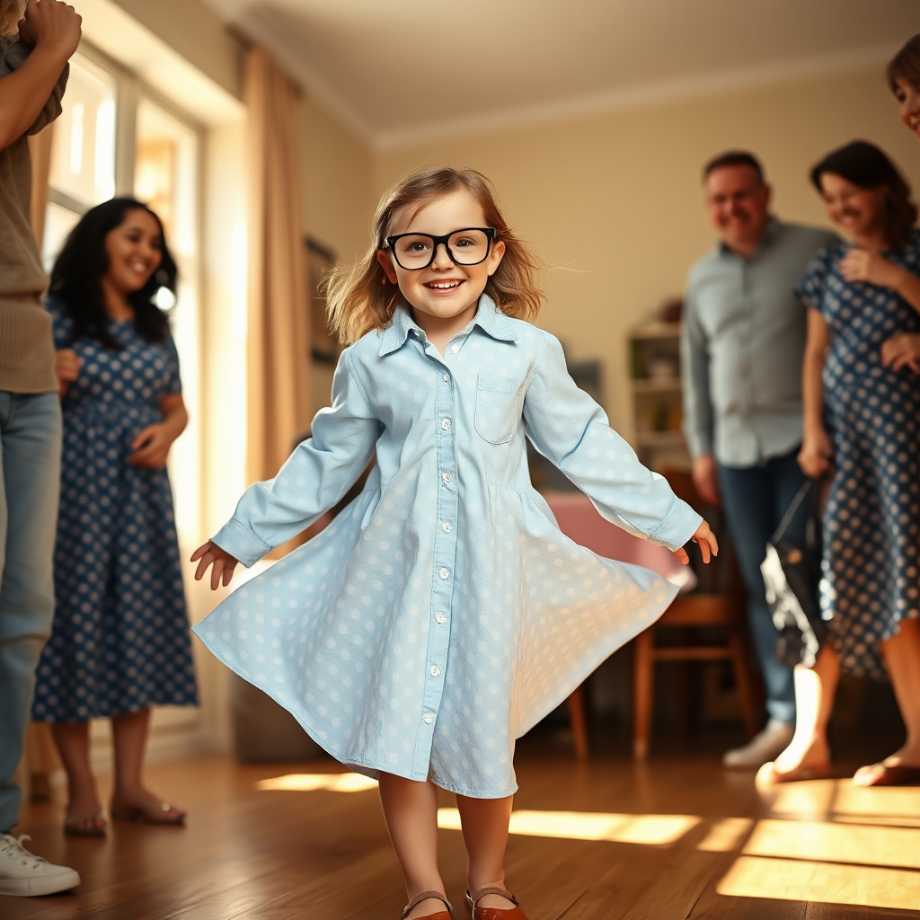 In a warmly lit room echoing with the sound of bubbling laughter and cheerful chatter, a spirited 5-year-old girl stands at the center of attention, her small frame delightfully engulfed in an oversized adult’s button-down shirt that cascades down to her ankles like a whimsical dress. The fabric, light blue with vibrant polka dots, sways gently around her as she twirls, the contrasting textures of soft cotton against her delicate skin creating a whimsical touch. The sleeves of the shirt droop comically over her tiny hands, giving her an adorable clumsiness that elicits more laughter from the gathering. Atop her nose sits a pair of oversized spectacles, the black frames exaggeratedly large, making her bright, curious hazel eyes appear even more enchanting and full of wonder. Sunlight filters through the window, casting playful shadows around the room, while the rich, sweet scent of freshly baked cookies wafts through the air, mingling with the sound of her giggles. Her laughter, a melodious chime, rings out, perfectly embodying the essence of childhood innocence and the simple joy of dress-up, as friends and family share in this delightful moment of pure, unfiltered happiness.