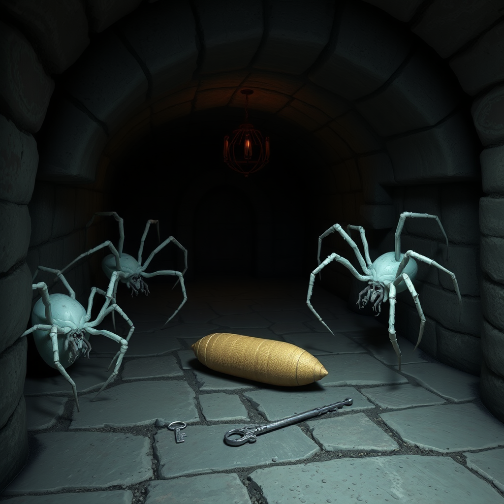 A dark basement medieval cellar with two large white spiders with red highlights crawling around and a long cocoon in the center of the floor with a silver key sitting beside the cocoon.