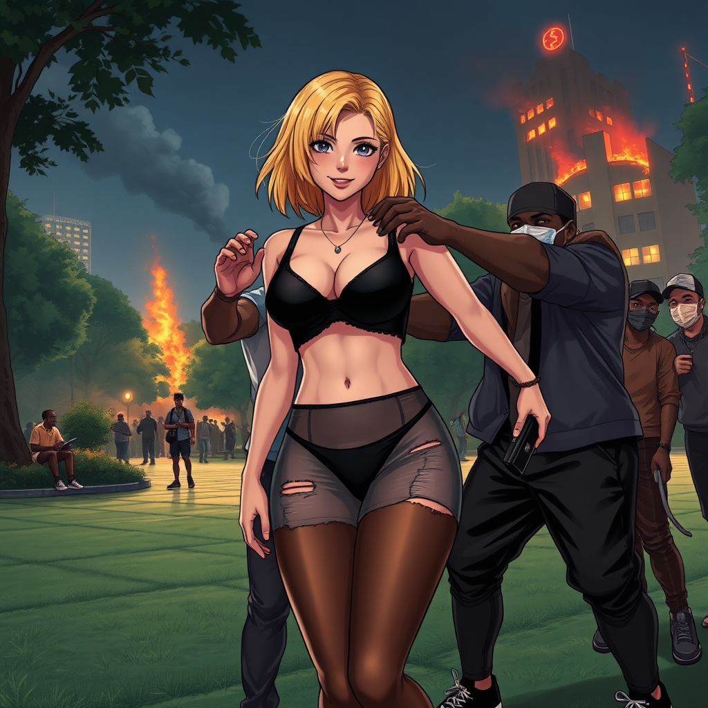 Anime art of a woman and hands of thug black-African rioters next to her touching and grabbing her all over, medium blonde hair, wicked smile, a black, sleeveless crop top that reveals the woman's falling-down black bra and a high-waisted, wicked smile, large breast, wearing a transparent ripped and pulled on mini skirt by guys that showcases her black thong underwear underneath. She is also wearing black sheer tights and black sneakers with white laces, in Park and 1 building on fire at night from riots background.