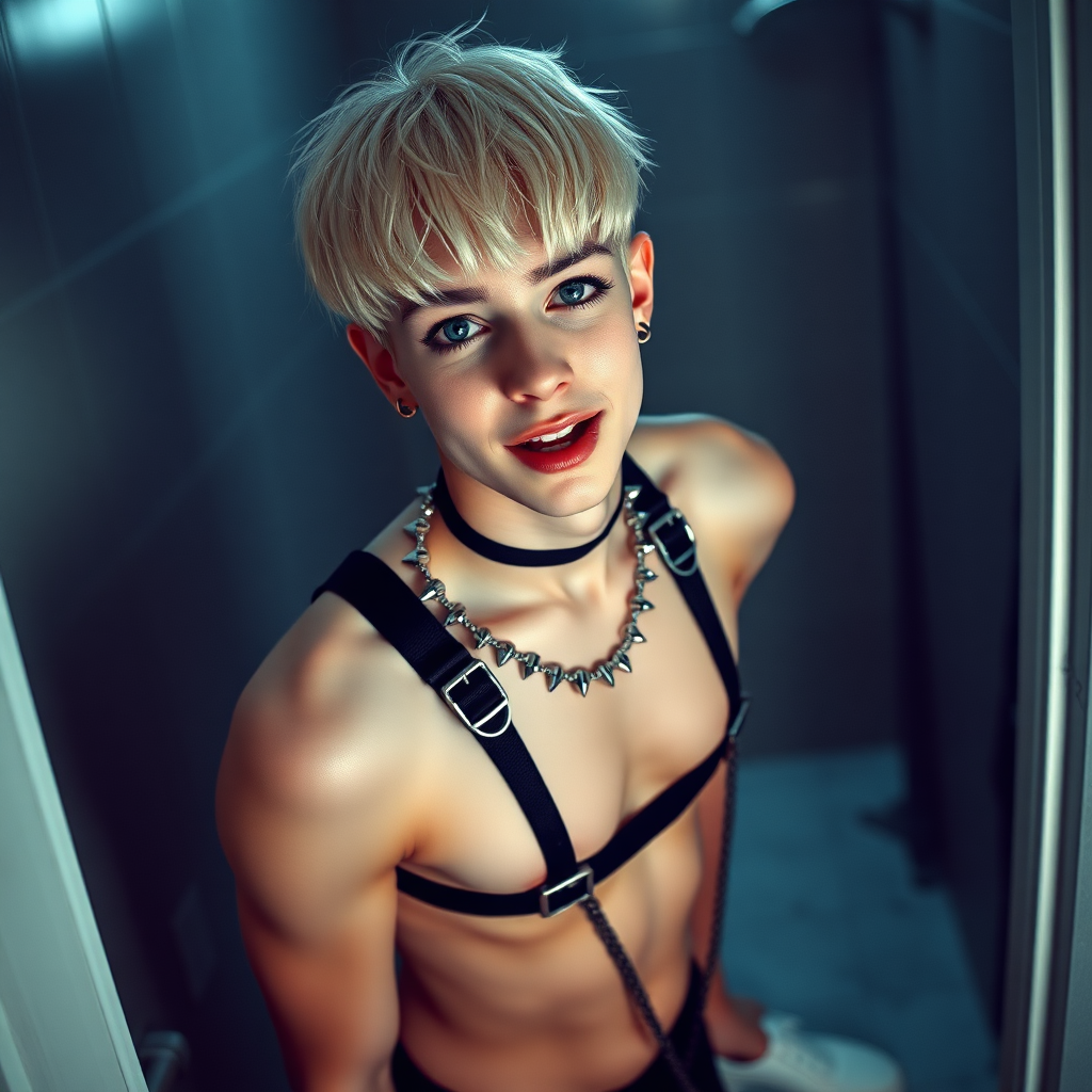 photorealistic, ultra high resolution, 16K, surreal fantasy, studio lighting, a pretty 16 year old goth boy, slim male physique, short blonde hair, goth makeup, earrings, pantyhose, harness, spikey dog collar and leash, trainer-bra, white ballet shoes, in the bathroom, excited smile, facing the camera.