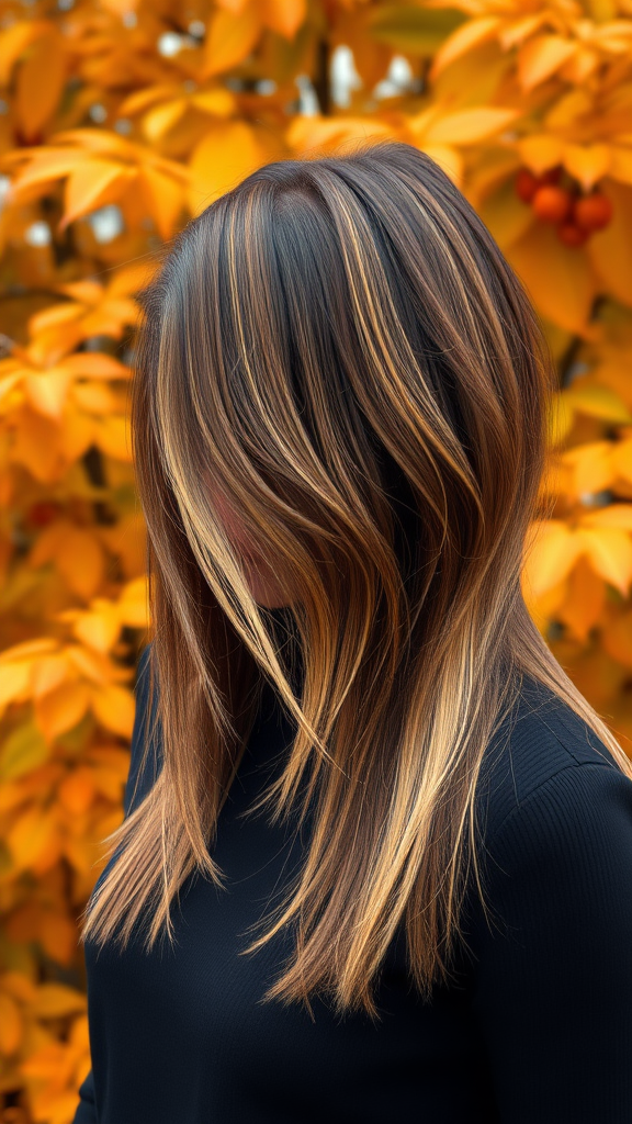 Bella Hadid with very short straight layered hair, brown color with yellow highlights, against a background of autumn horse chestnut foliage, in high definition.