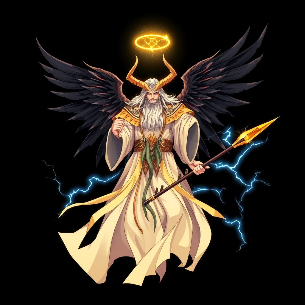 (Anime styled art) Black background of a divine yet sinister figure, floating ominously in mid-air. The being, known as YHVH/Enlil, radiates both light and darkness, with four angelic wings on top and two demonic wings on the back. A shattered halo hovers above its head, 4 golden horn's, casting a fractured cracked glow. Dressed in flowing robes of white, gold, and black, the figure's long beard sways gently in the air. Its fiery ember eyes burn with a wrathful intensity, exuding a presence both holy and malevolent, he is holding a holy-golden-blue-lightning spear in left-hand.