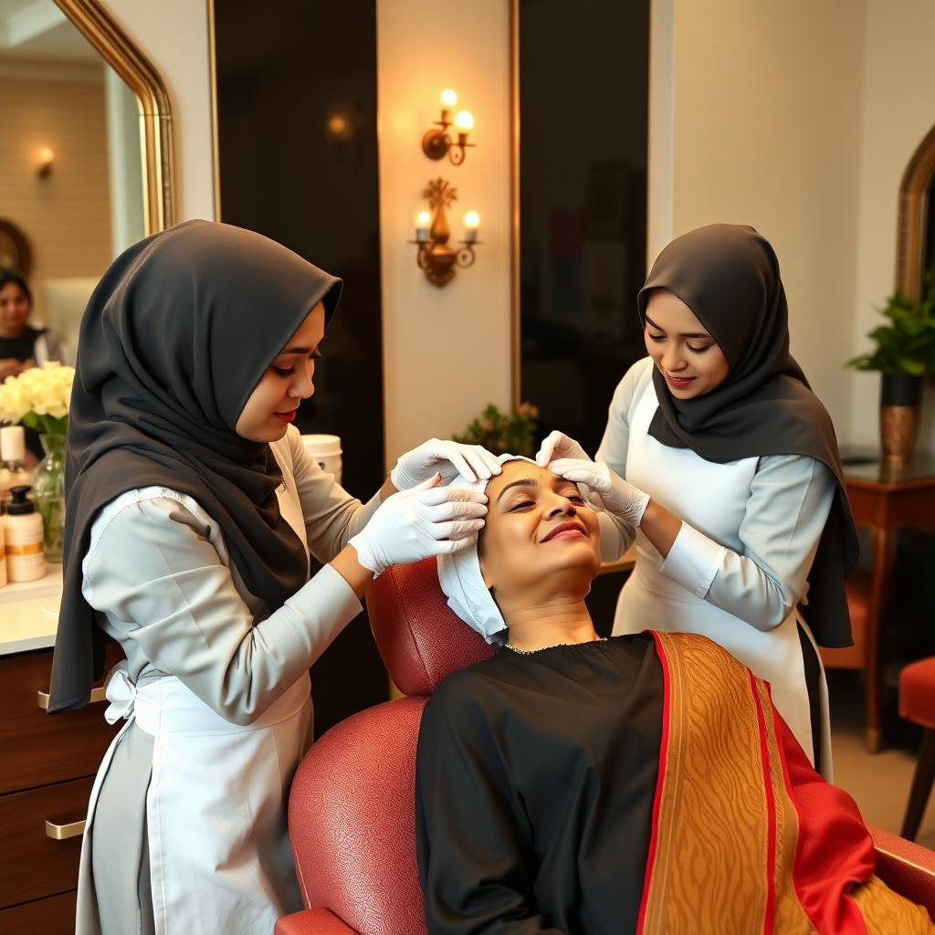 2 slim French maids with hijab, working in a beauty parlour, giving turmeric facial to a wealthy Indian wife.