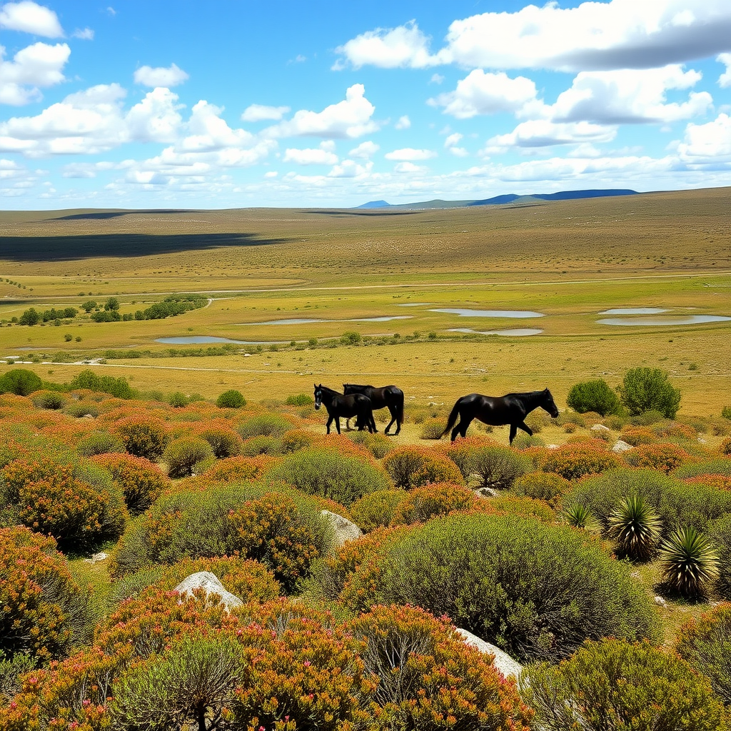 Long plateau with its dark little horses, Mediterranean vegetation with rockrose, myrtle, oaks, junipers, with ponds and blue sky with white clouds.