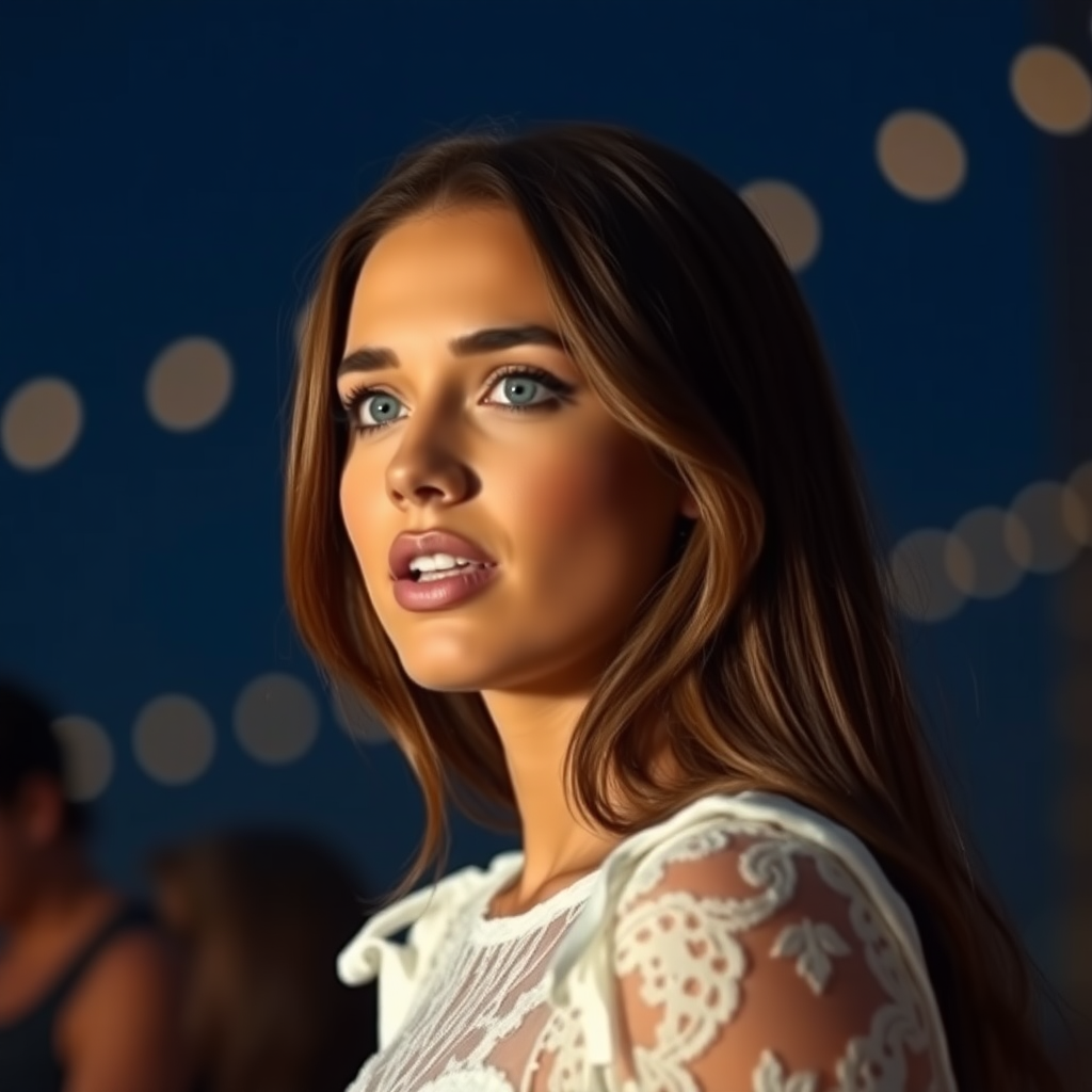 a young woman singing. she is looking like lucy thomas. long brunette hair with highlights, narrow pale blue eyes. suntanned skin. small lips with pale red lipstick. looking to the side. wearing a white dress with transparent lace. view from far. night sky in background. photo