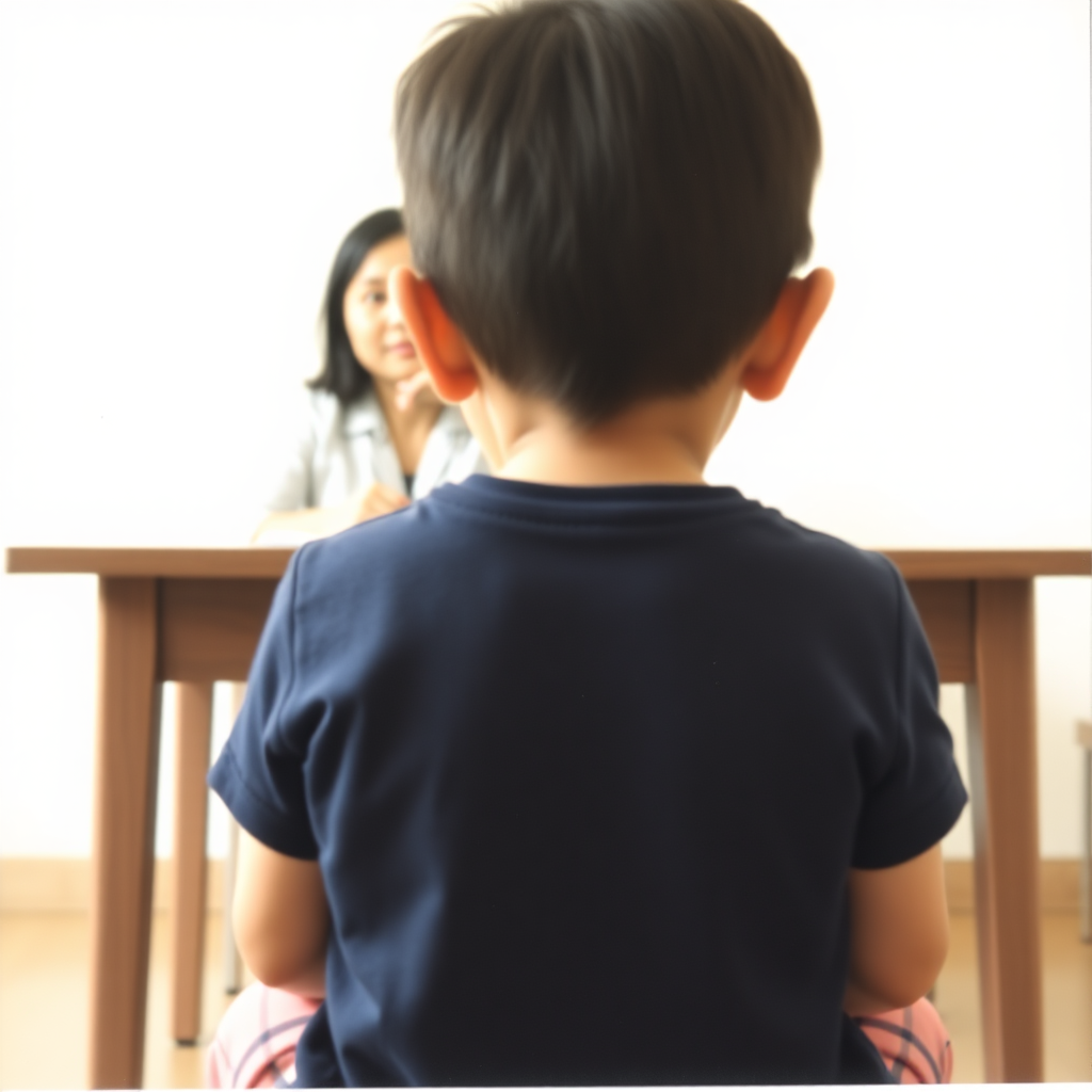 An amateur photograph, taken from behind a child. The child is sitting down in front of a table. Behind the table, a female counsellor is sitting. The counsellor is East Asian. The child and the counsellor are engaged in conversation. Underexposed. Noisy.