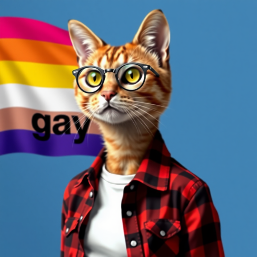 female cat-man in chestnut color with, behind, a flag in horizontal colors pink/light pink/white/light orange/orange, colors in that order with the word "gay" written on it in Arial Black, wearing semi-round glasses, an open red and black checkered shirt with a white t-shirt underneath, in digital art