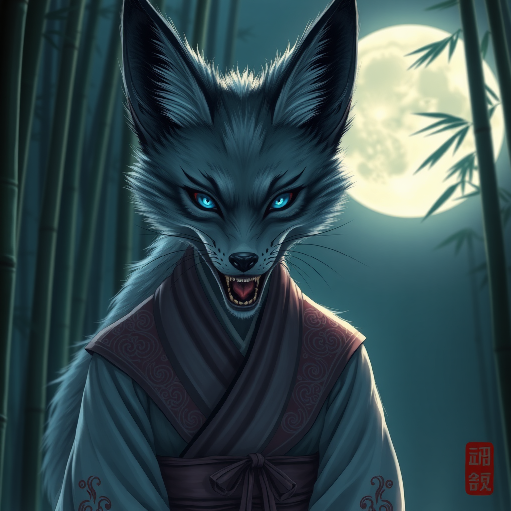 a eerie-looking nine-tail-silverfox with blue eyes in a female Korean hanbok the mouth half open with blood on the teeth, in front of the full moon in a bamboo forest