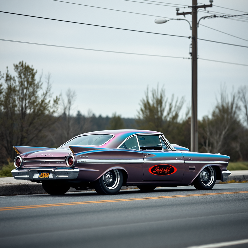 The drag car is parked on the side of the road, inspired by Taiyō Matsumoto, tumblr, restomod, nd4, c4 metallic shine classic american low rider custom paint ford alev desenler