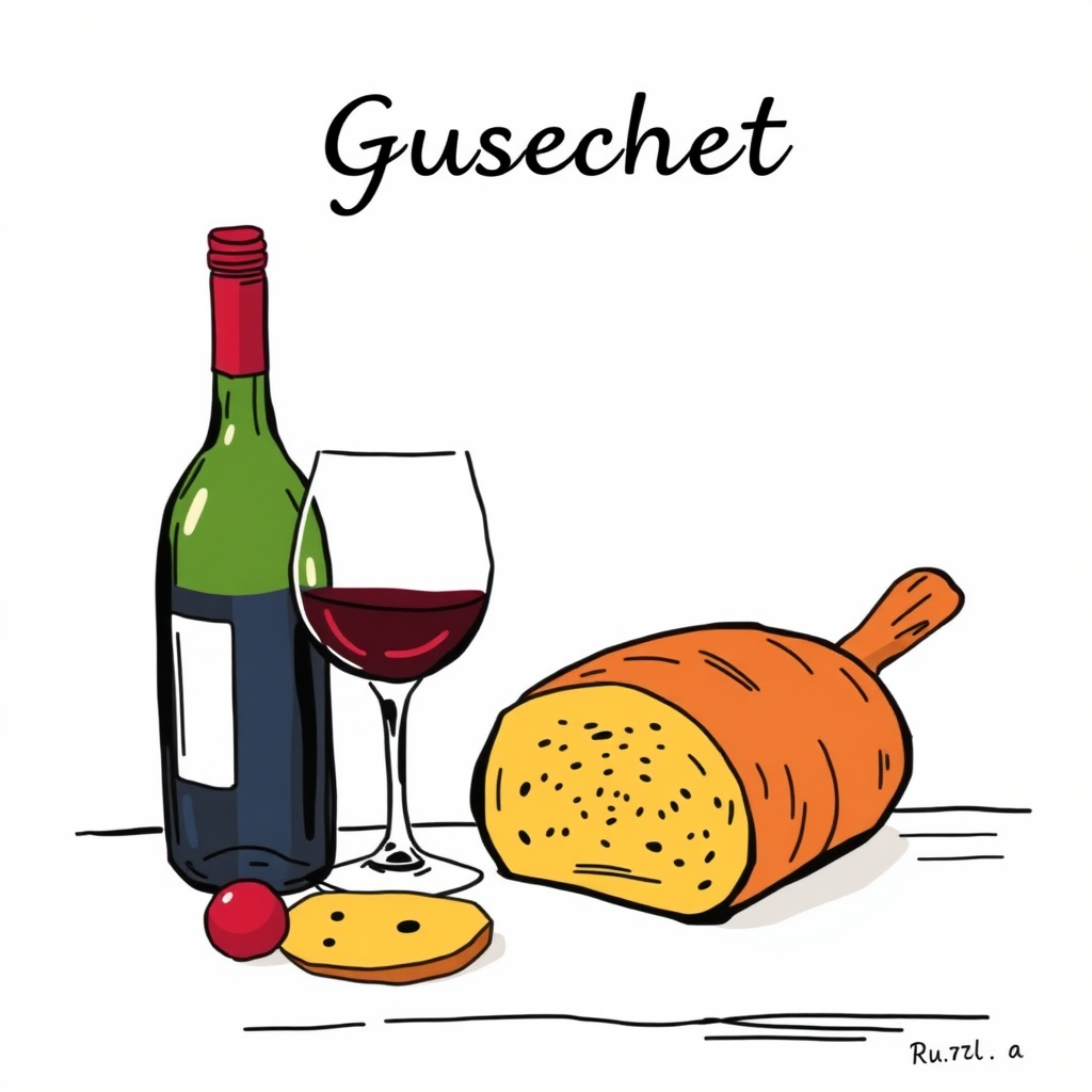 Create a Gutschein for Wine and bread in german like Picasso would draw it