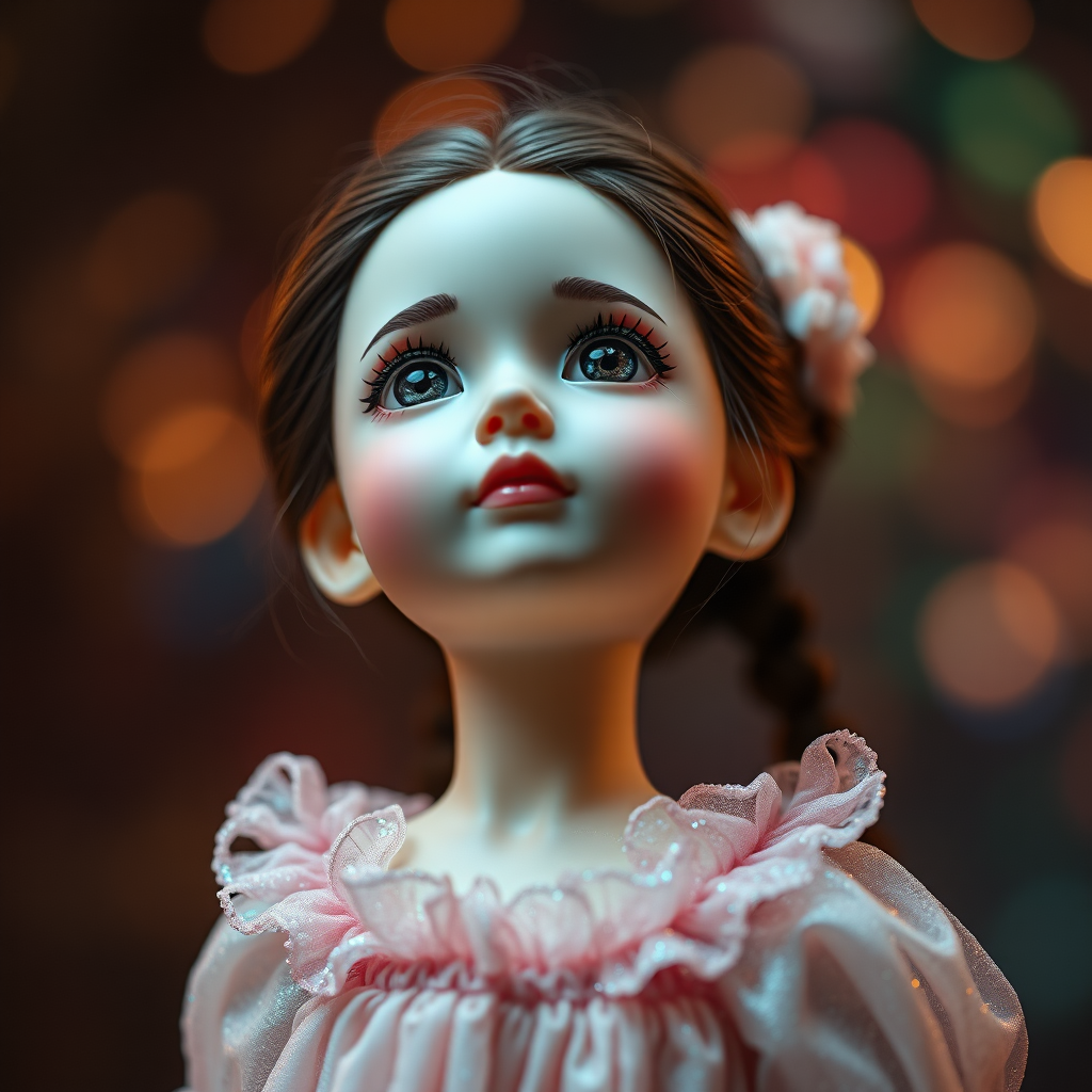 preteen artists doll, full body, bisque porcelain doll, genuine collectors doll, looking up dreaming, Bokeh, abstract, brilliant colors, glittering, translucent, mother of pearl, opal, iridescent, natural skin, glowing, artistic photo, wide angle, cute, interesting, Victorian dress, wuxia movie