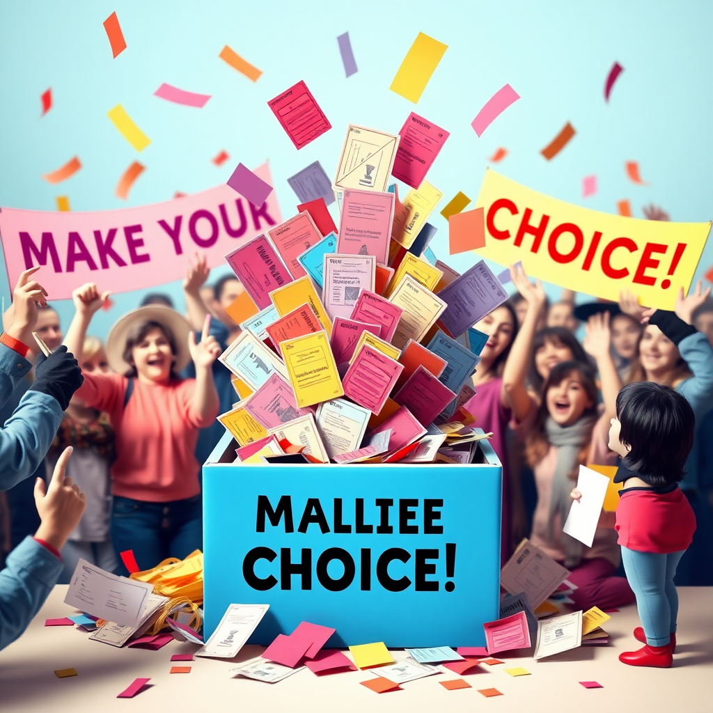 An imaginative scene showing a colorful ballot box overflowing with colorful ballots, surrounded by excited voters, with festive banners that read, "Make Your Choice!"