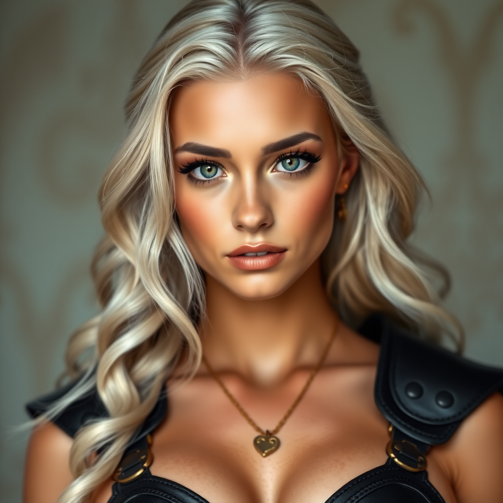 Portrait of a beautiful young woman with long wavy platinum blonde hair, green eyes, a suntan, light brown eyebrows, and large breasts. She is wearing black leather armor and a gold necklace with a small heart pendant.