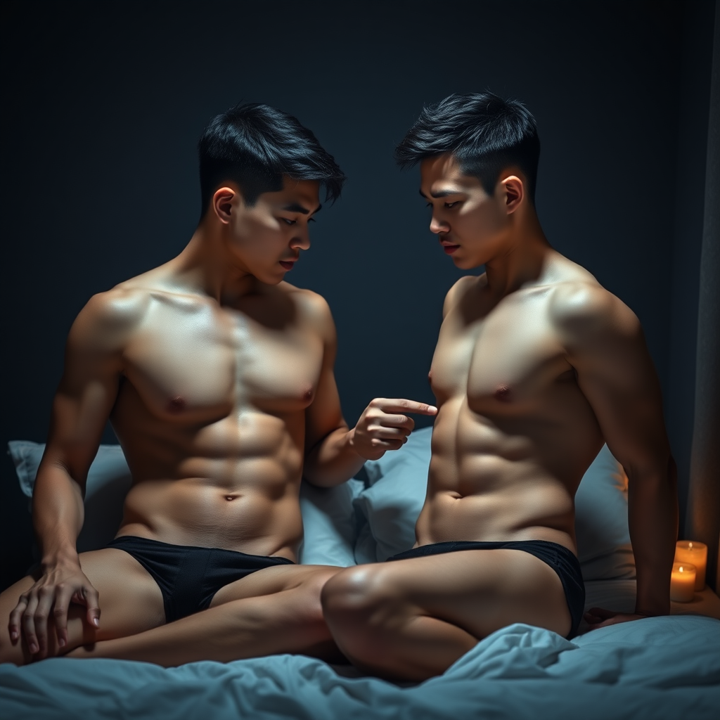 lean fit muscular, twin asian males, athlete couples, short hairs, fair skins, good looking figures, hang out on bed no cloths, fool around, brotherhood, no pants, curious his six pack, examine chest, pointing at buttock, inside dark room, low light, candles around the room. real photo, high detail, high quality, 2.5mm focal point, cinematic,